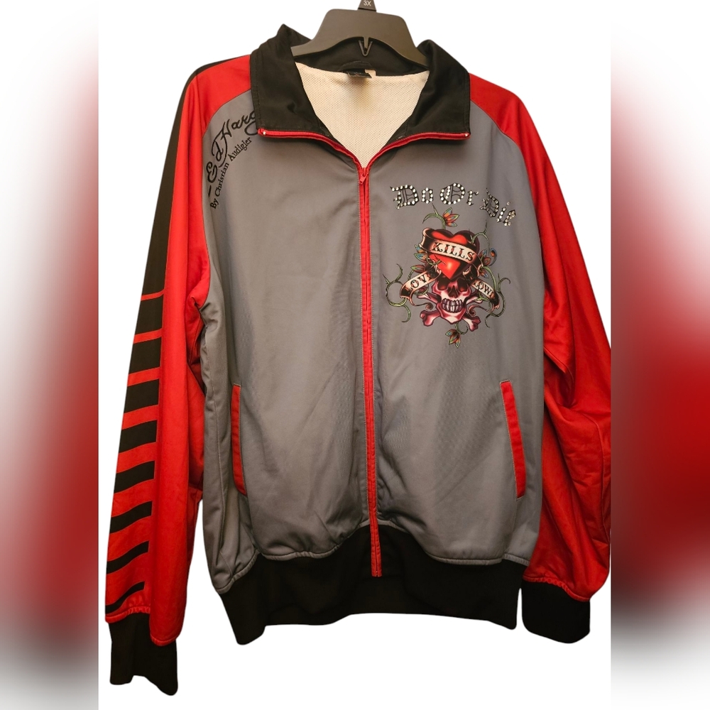 Vintage Y2K Ed Hardy Vibrant Red and Gray Track Jacket